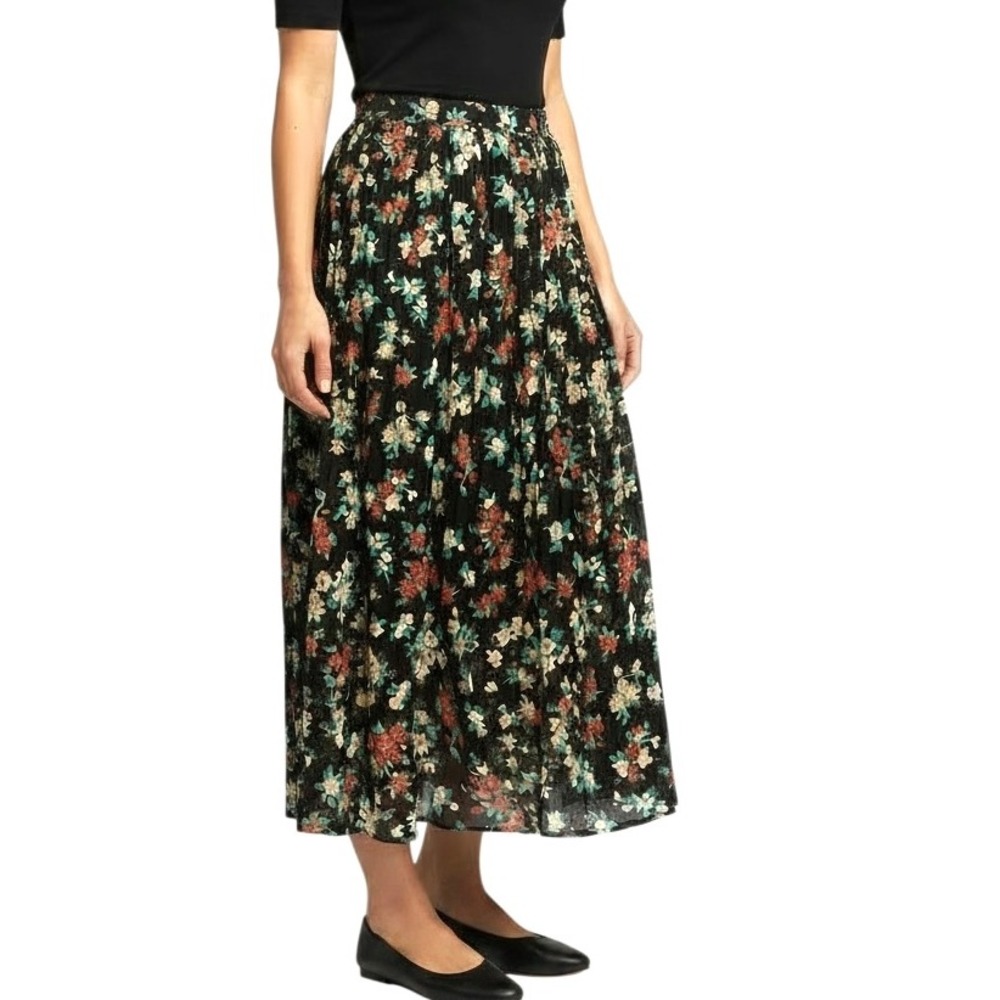 Vintage Talbots Floral Print Midi Skirt Black Rayon Elastic Waist Made in USA M
